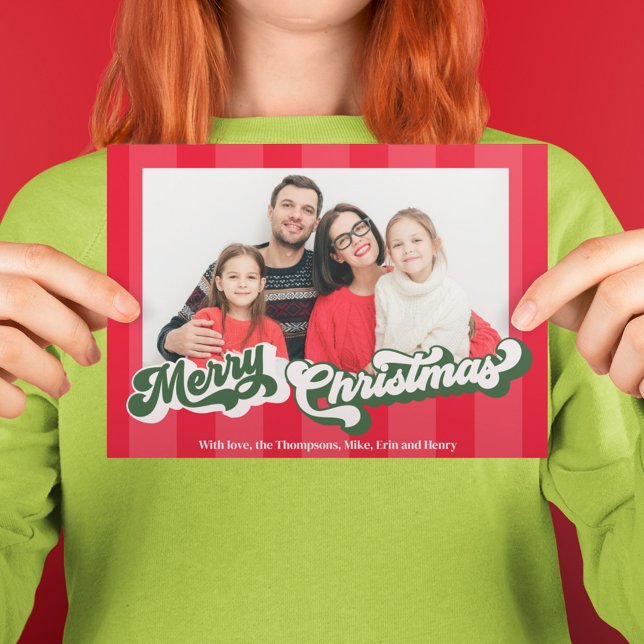 Merry Christmas Retro Typography Photo Red Green Holiday Postcard (Bold green and red retro style Merry Christmas Typography Photo Postcard. )