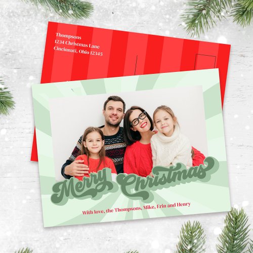Merry Christmas Retro Typography Photo Red Green Holiday Postcard