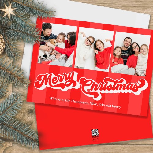 Merry Christmas Retro Typography Red Multi Photo  Holiday Card