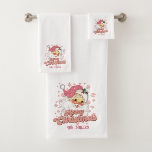 Merry Christmas Retro Typography Santa Pink Hat Bath Towel Set