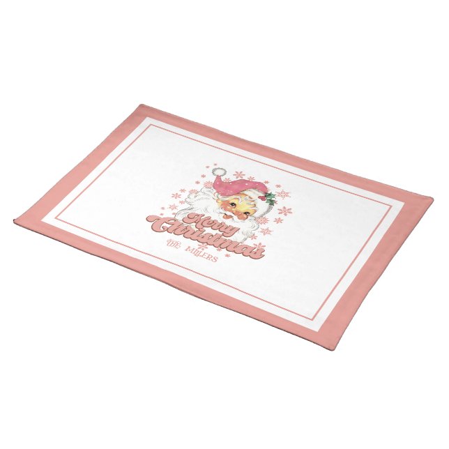 Merry Christmas Retro Typography Santa Pink Hat Cloth Placemat (On Table)