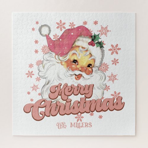 Merry Christmas Retro Typography Santa Pink Hat Jigsaw Puzzle