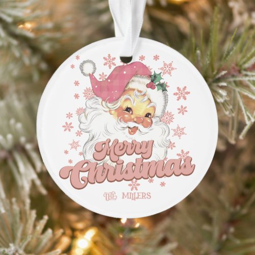 Merry Christmas Retro Typography Santa Pink Hat Ornament