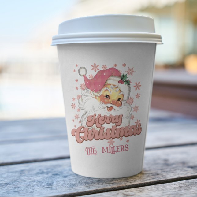 Merry Christmas Retro Typography Santa Pink Hat Paper Cups (Creator Uploaded)