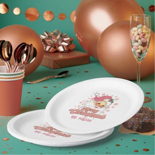 Merry Christmas Retro Typography Santa Pink Hat Paper Plates