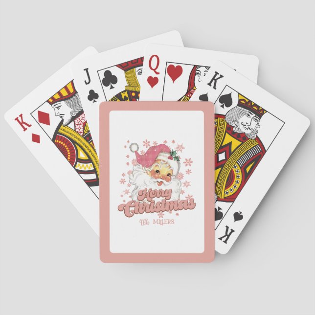 Merry Christmas Retro Typography Santa Pink Hat Poker Cards (Back)