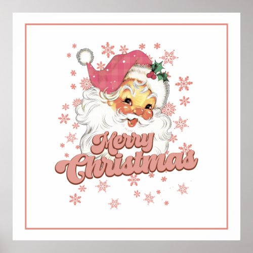 Merry Christmas Retro Typography Santa Pink Hat Poster