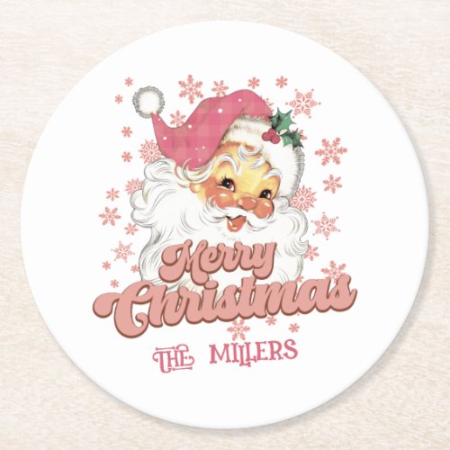 Merry Christmas Retro Typography Santa Pink Hat Round Paper Coaster