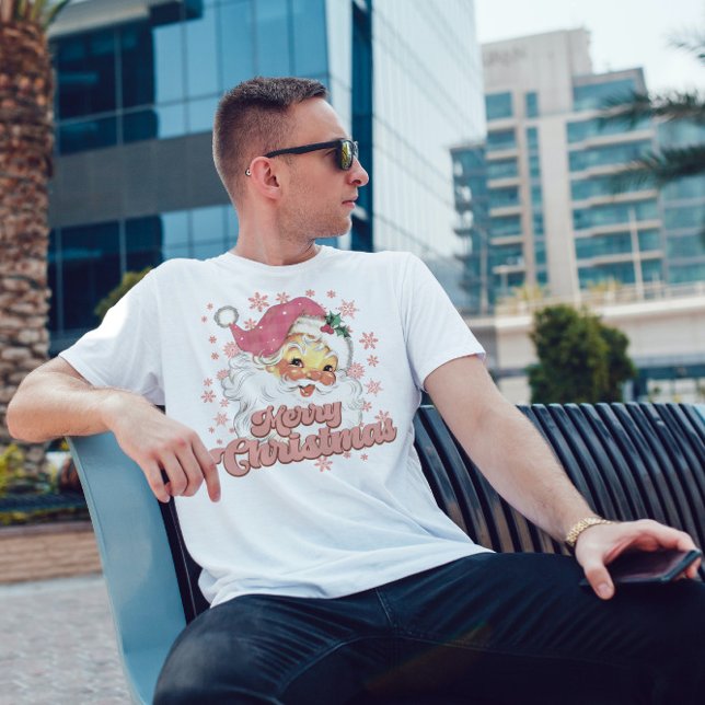 Merry Christmas Retro Typography Santa Pink Hat T-Shirt (Creator Uploaded)