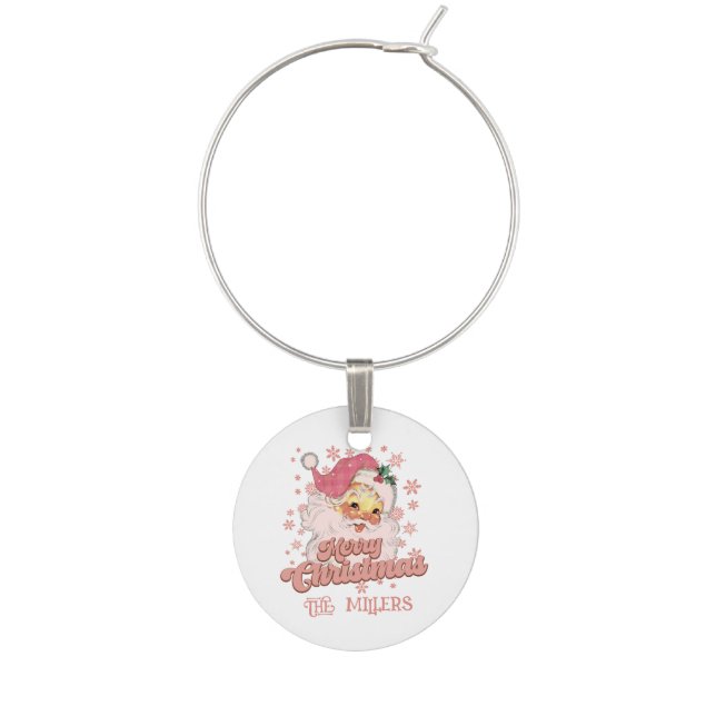 Merry Christmas Retro Typography Santa Pink Hat Wine Charm (Front)