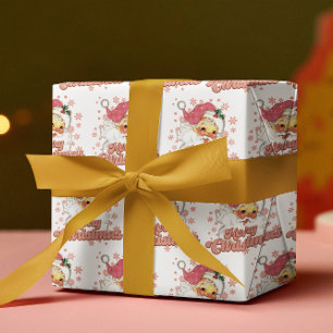 Merry Christmas Retro Typography Santa Pink Hat Wrapping Paper