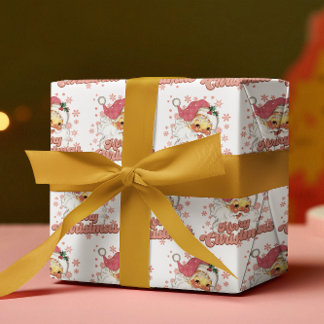 Merry Christmas Retro Typography Santa Pink Hat Wrapping Paper