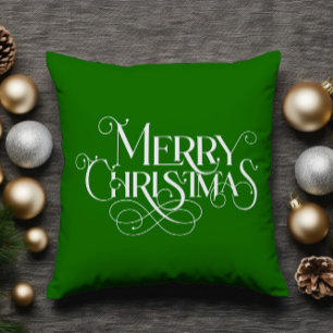 Merry Christmas Retro White Typography on Green Throw Pillow