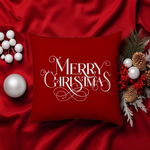 Merry Christmas Retro White Typography on Red Throw Pillow