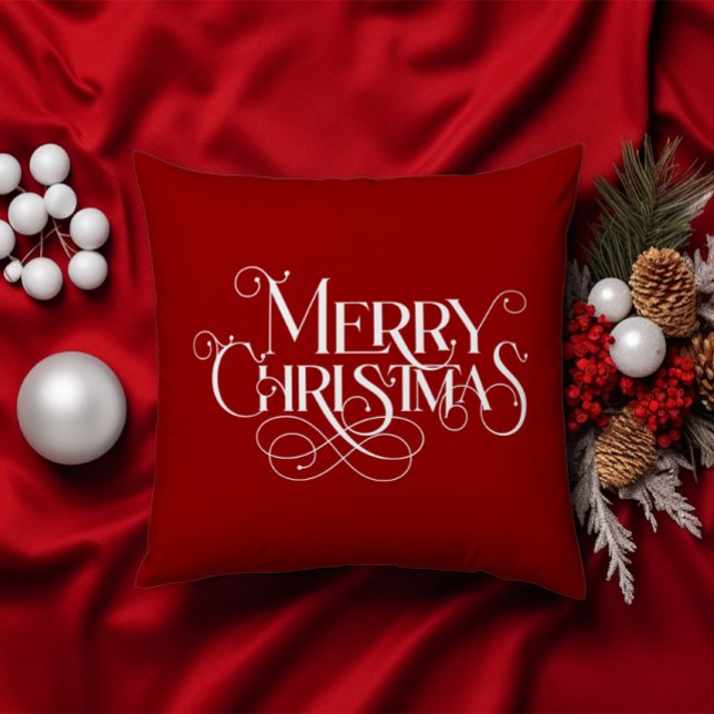 Merry Christmas Retro White Typography on Red Throw Pillow (Creator Uploaded)