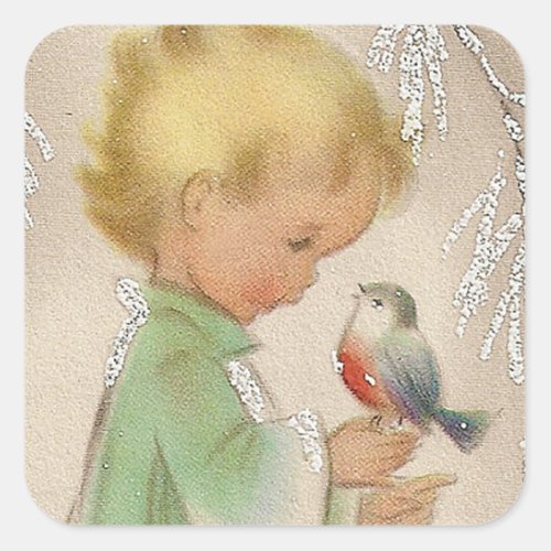 Merry Christmas  Retro Winter Child With Friend Square Sticker