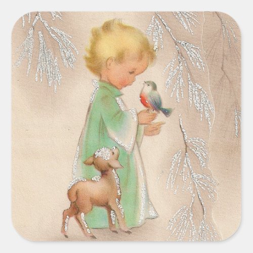Merry Christmas  Retro Winter Child With Friends Square Sticker