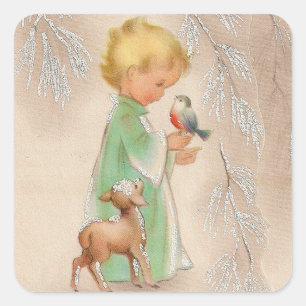 Merry Christmas Retro Winter Child With Friends Square Sticker