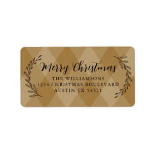 Merry Christmas Return Address Foliage Gold Argyle Label