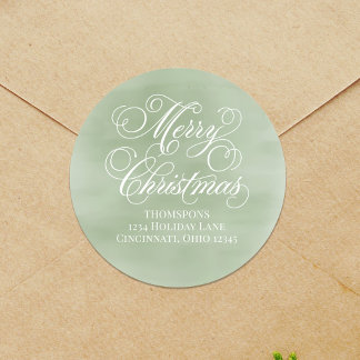 Merry Christmas Return Address Green Script Classic Round Sticker