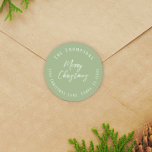 Merry Christmas Return Address Script Minimalist Classic Round Sticker<br><div class="desc">A Green Snowflake pattern with green against a grey background. Christmas holiday modern return address, a simple traditional merry Christmas, classic grey white chic typography, minimalist, with a minimal trendy stylish winter contemporary style, modern hand lettering script font, whimsical typography template, classic family name calligraphy, Christmas holiday greeting invitation, Christmas...</div>
