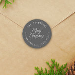 Merry Christmas Return Address Script Minimalist Classic Round Sticker<br><div class="desc">A Green Snowflake pattern with green against a gray background. Christmas holiday modern return address, a simple traditional merry Christmas, classic gray white chic typography, minimalist, with a minimal trendy stylish winter contemporary style, modern hand lettering script font, whimsical typography template, classic family name calligraphy, Christmas holiday greeting invitation, Christmas...</div>