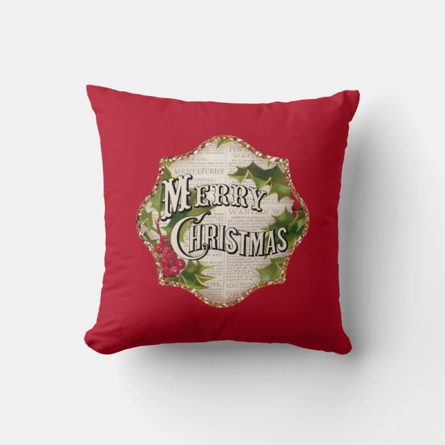 Merry Christmas Reversible Vintage Holiday Throw Pillow (Front)