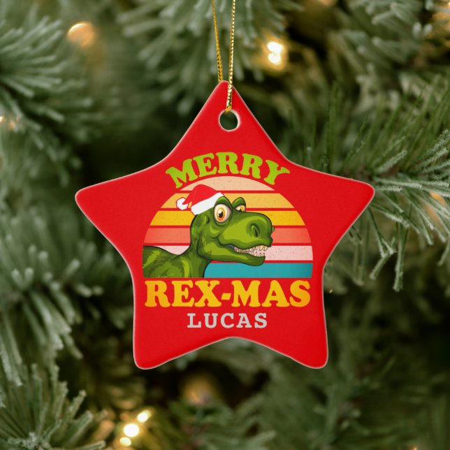 Merry Christmas Rex-mas Dinosaur Personalized Name Ceramic Ornament (Tree)