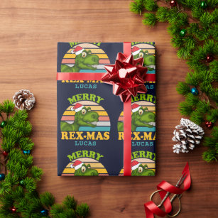 Dinosaur Christmas Personalized Name Gift Wrapping Paper - Baby