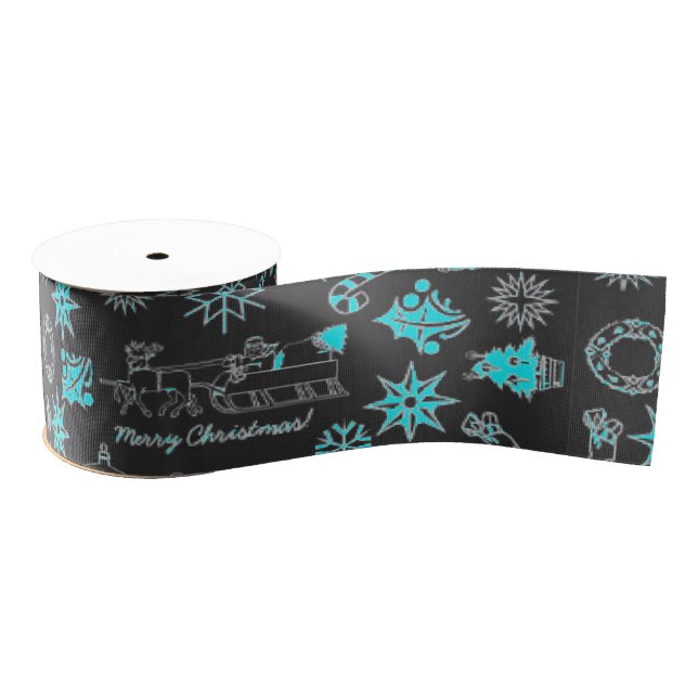 Merry Christmas Ribbon Santa Star Black Turquoise (Spool)