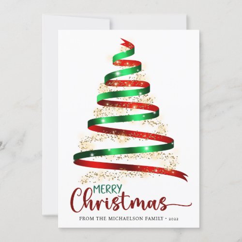 Merry Christmas Ribbon Tree Gold Glitter Holiday Card