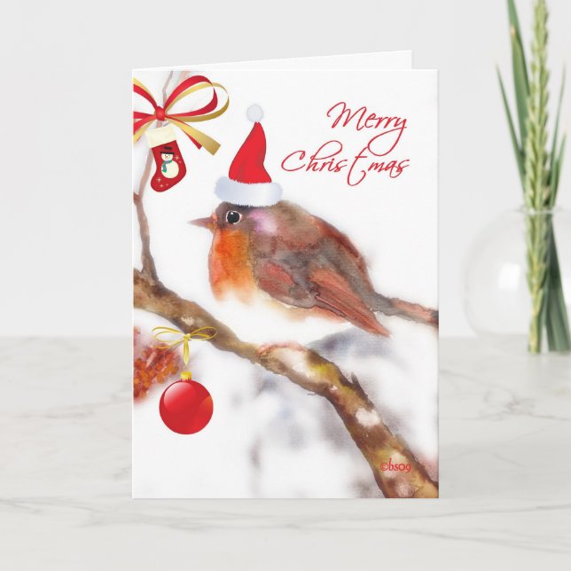 merry christmas robin cute ornament stocking bird holiday card (Front)
