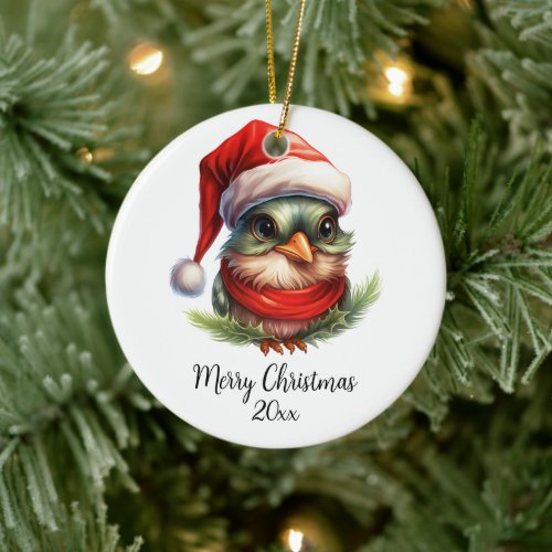 Merry Christmas Robin in Santa Hat Scarf Custom Ceramic Ornament