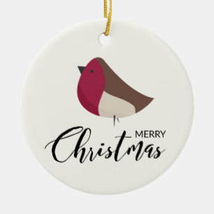 Merry Christmas Robins and Red Bow Arched Ceramic Ornament