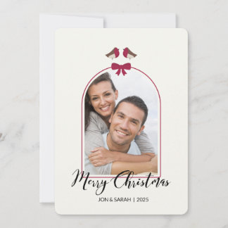 Merry Christmas Robins and Red Bow Arched Holiday Card