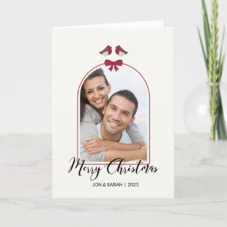 Merry Christmas Robins and Red Bow Arched Holiday Card