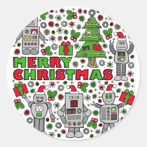 Merry Christmas Robots Classic Round Sticker