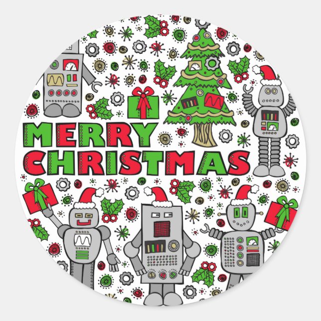 Merry Christmas Robots Classic Round Sticker (Front)