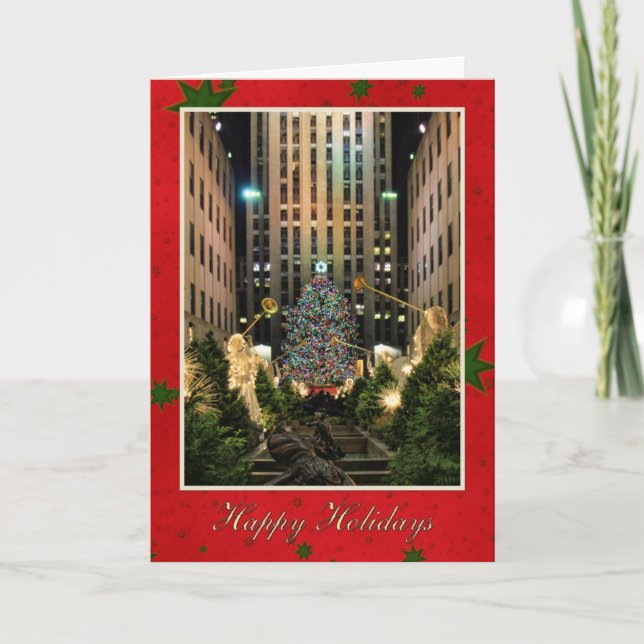 Merry Christmas: Rock Center, Red Green Starry Sky Holiday Card (Front)
