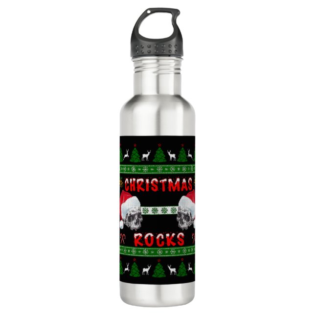 Merry Christmas ROCKS Ugly Christmas Sweater Stainless Steel Water Bottle (Front)