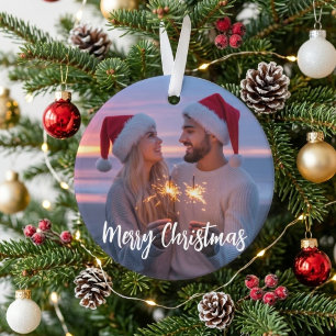 Merry Christmas Romantic Sparkler Couple Photo Ornament
