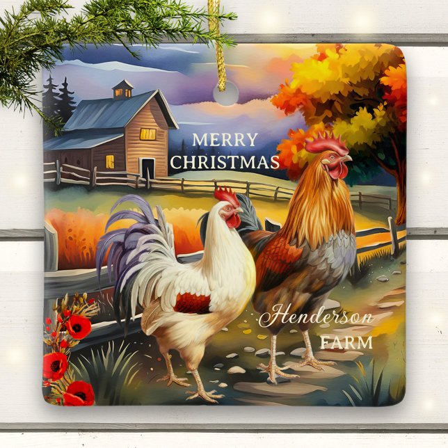 Merry Christmas Rooster Chicken Farm Ceramic Ornament (Christmas ceramic ornament featuring a colorful painting of a rooster and chicken - farmhouse)