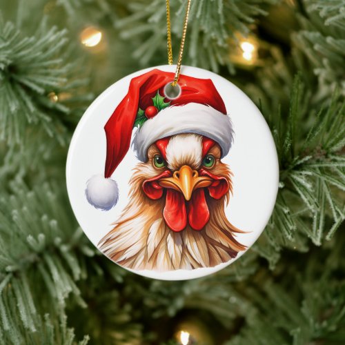 Merry Christmas Rooster in Santa Hat Holly Berries Ceramic Ornament