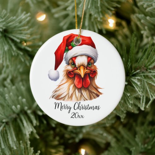 Merry Christmas Rooster in Santa Hat Holly Custom Ceramic Ornament