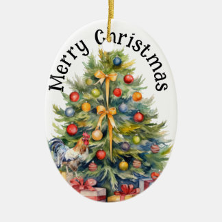 Merry Christmas Rooster w/ Christmas tree Ceramic Ornament