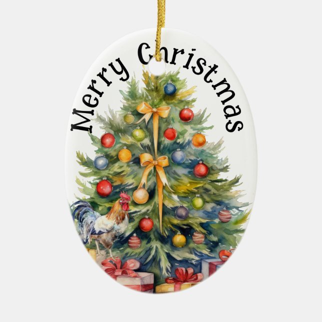 Merry Christmas Rooster w/ Christmas tree Ceramic Ornament (Front)
