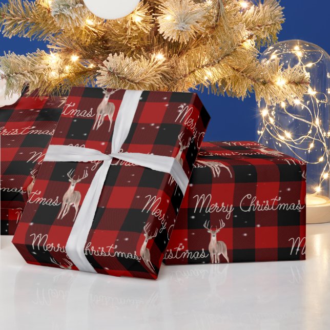 Merry Christmas Rope and Deer On Plaid Wrapping Paper (Holidays)
