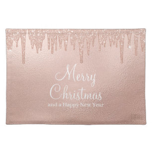 Merry Christmas Rose Gold Drip Glam Girl Cloth Placemat