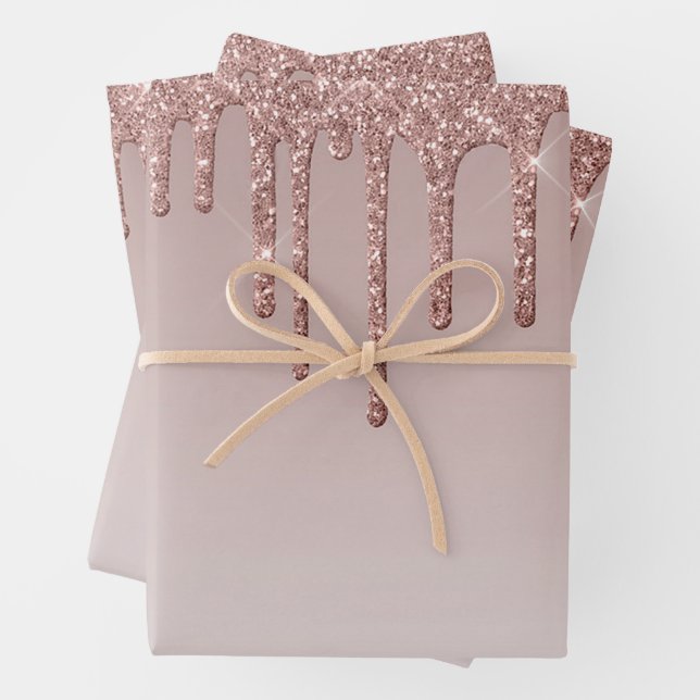 Merry Christmas Rose Gold Drip Glam Girl Wrapping Paper Sheets (In situ)