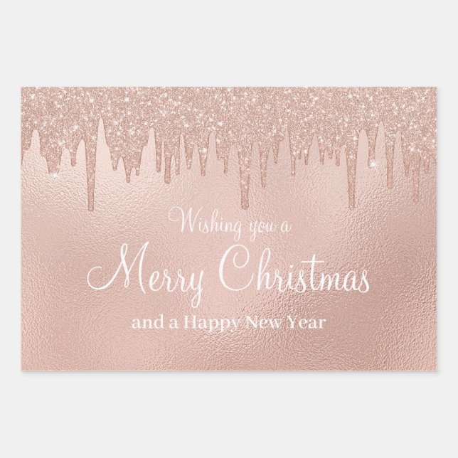 Merry Christmas Rose Gold Drip Glam Girl Wrapping Paper Sheets (Front)